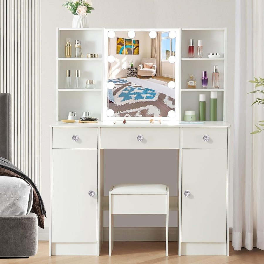 White Vanity Dressing Table Set w/ LED Lighted Mirror 3 Drawers Crystal Handle