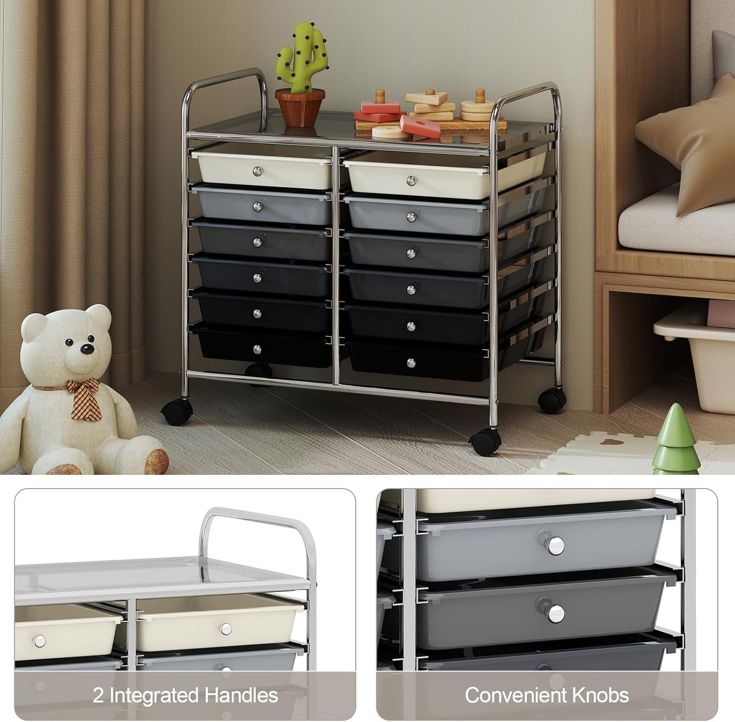 12 Drawer Rolling Storage Cart Gray Utility Trolley Organizer Wheels