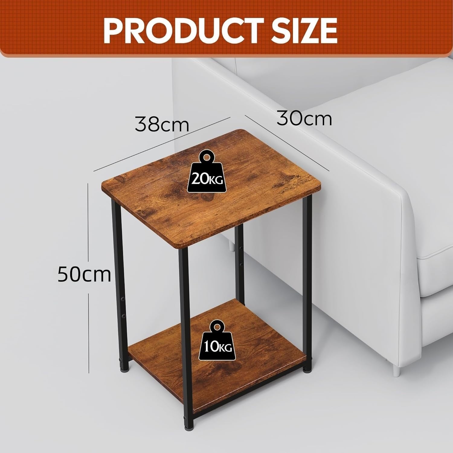 Set of 2 Rustic Brown 2-Tier Side Tables with Adjustable Feet, Sturdy Storage