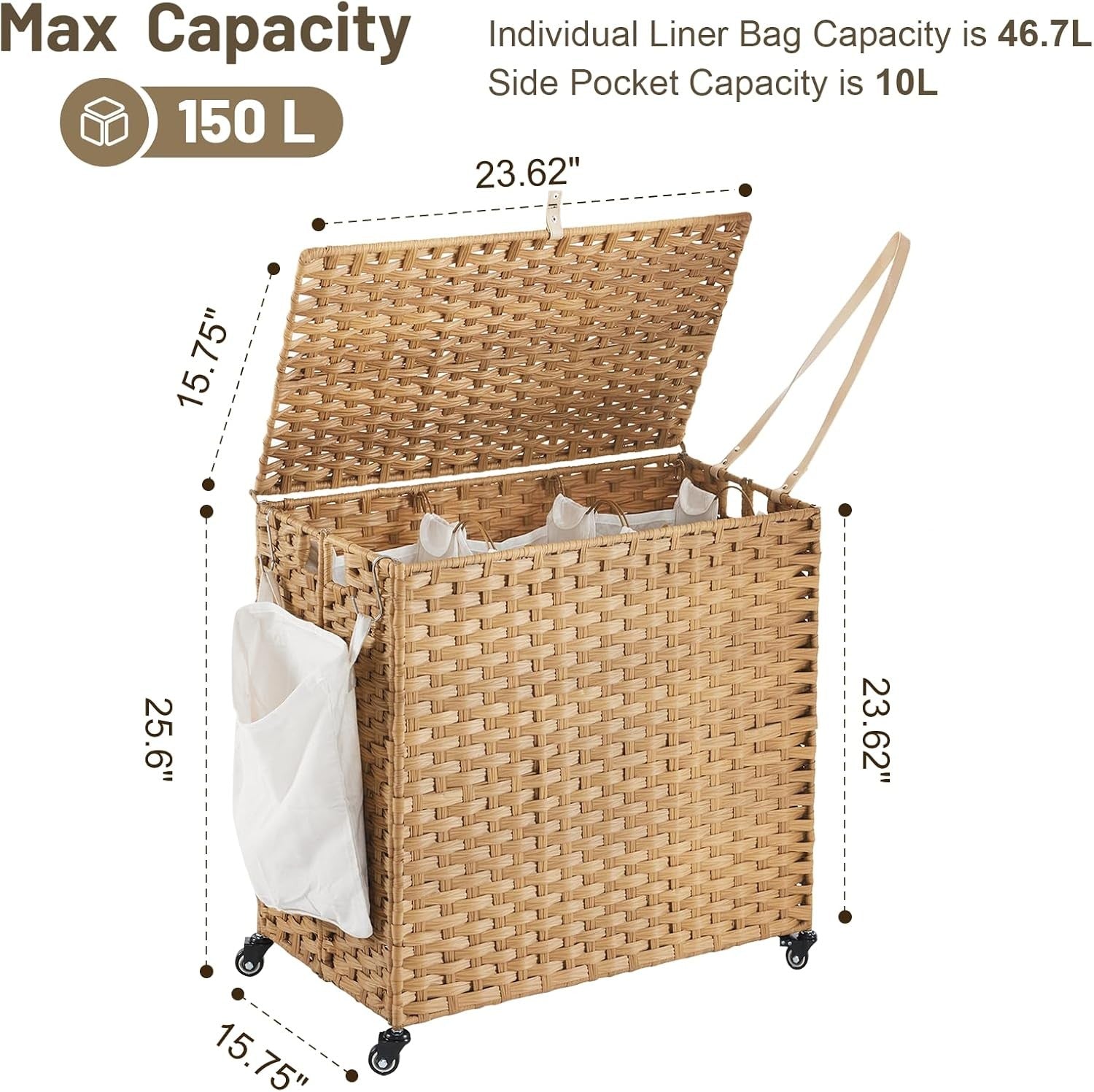 Large 150L Rattan Laundry Hamper on Wheels 3-Section Sorter with Lid & Bags