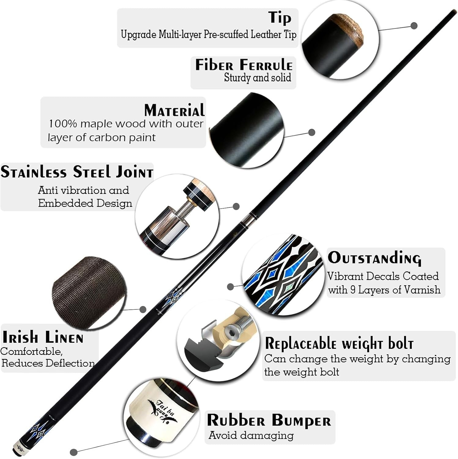 58in Pool Cue 20oz Maple Wood 13mm Tip 2pc with Case Linen Grip