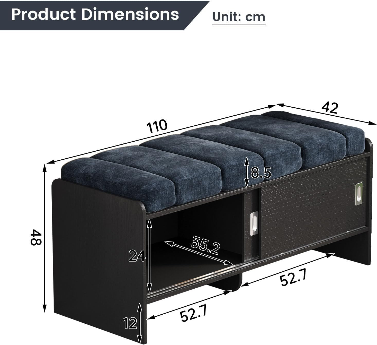 43.3" Modern Entryway Shoe Storage Bench with Sliding Doors, Blue