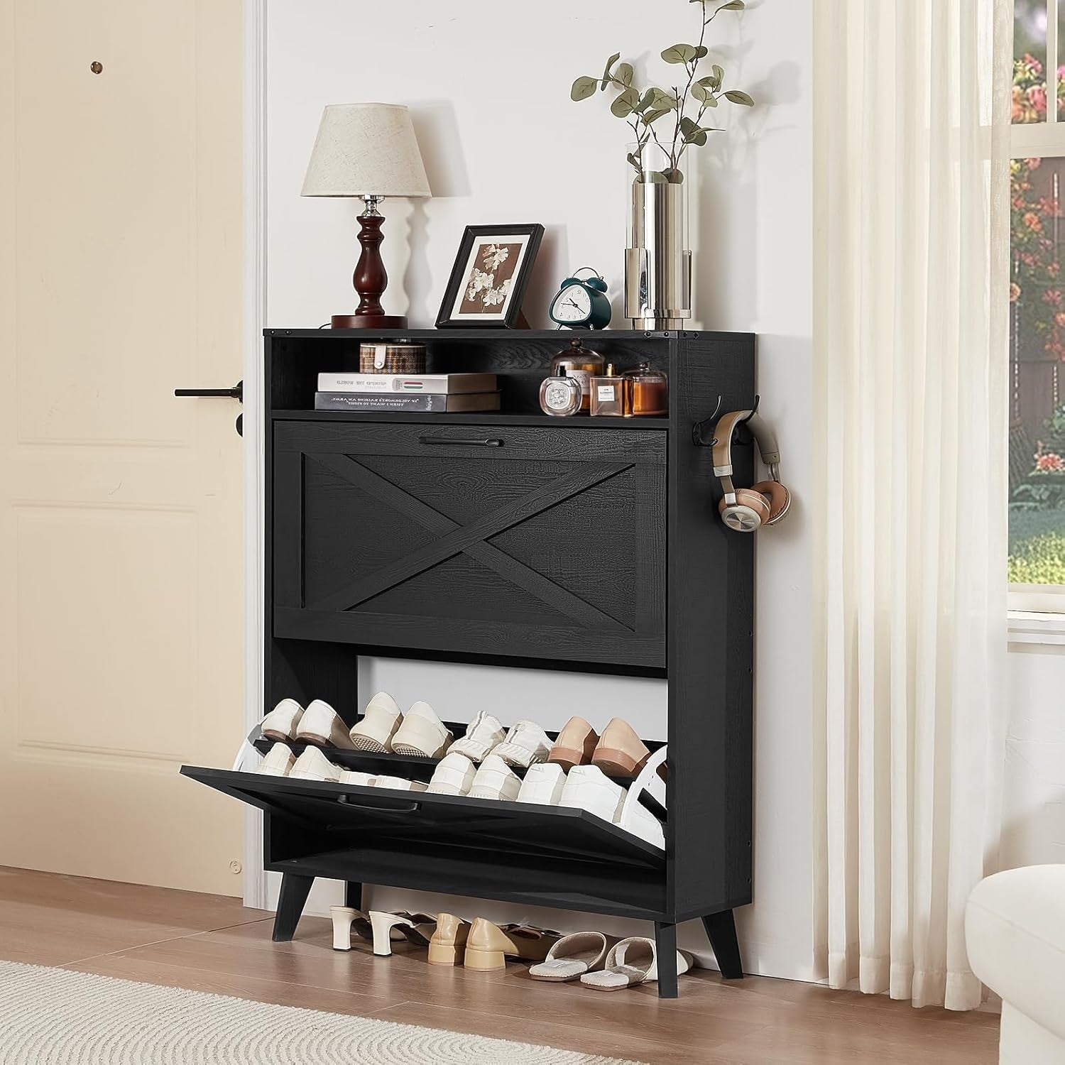 Space-Saving Shoe Cabinet with 2 Folding Doors & Removable Shelves – Black