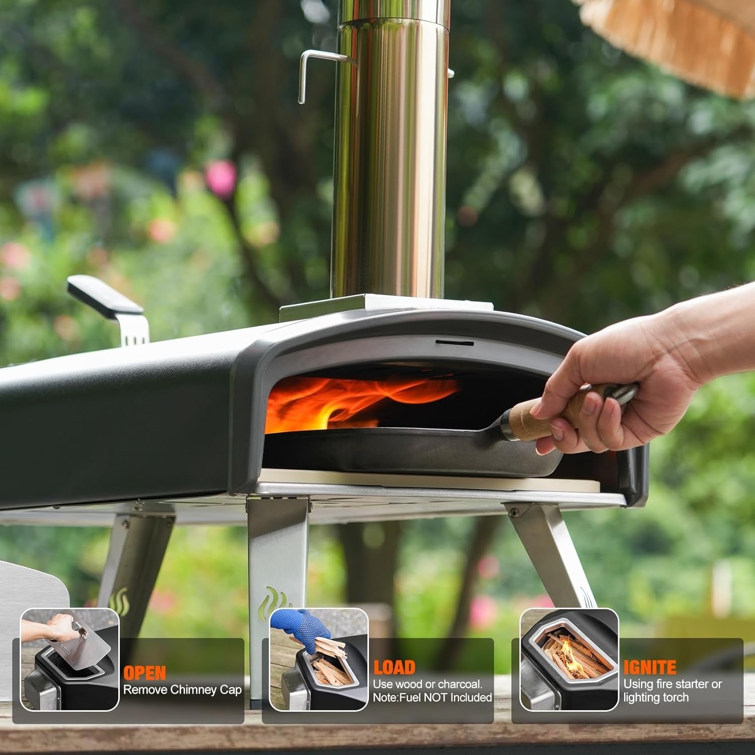 Outdoor Wood & Charcoal Pizza Oven | Portable Garden BBQ Cooker w/ Stone & Peel