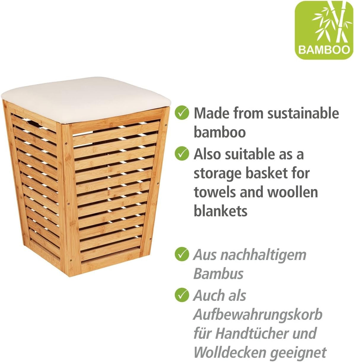 Bamboo Laundry Hamper with Seat Cushion 55L | Modern Ventilated Storage Basket