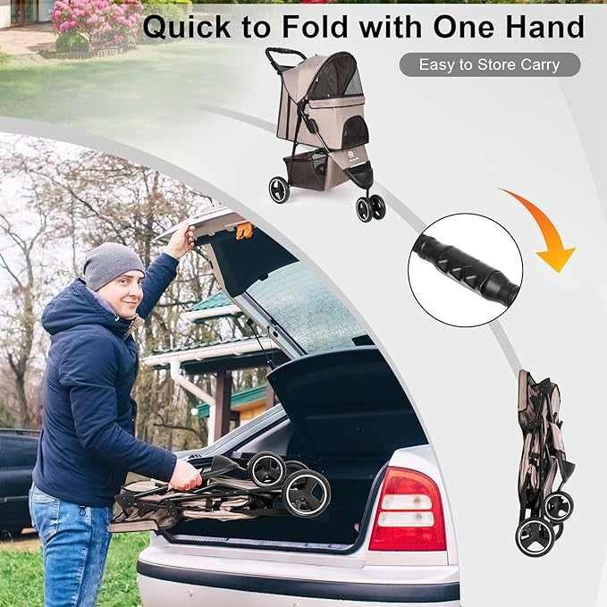 Dog Stroller Folding Pet Buggy 3 Wheel Travel Pram with Storage Basket
