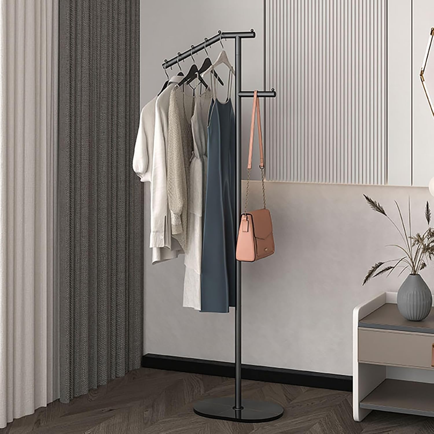 Modern Black Metal Coat Rack 1.7m Marble Base Crossbar Clothes Hanger Stand