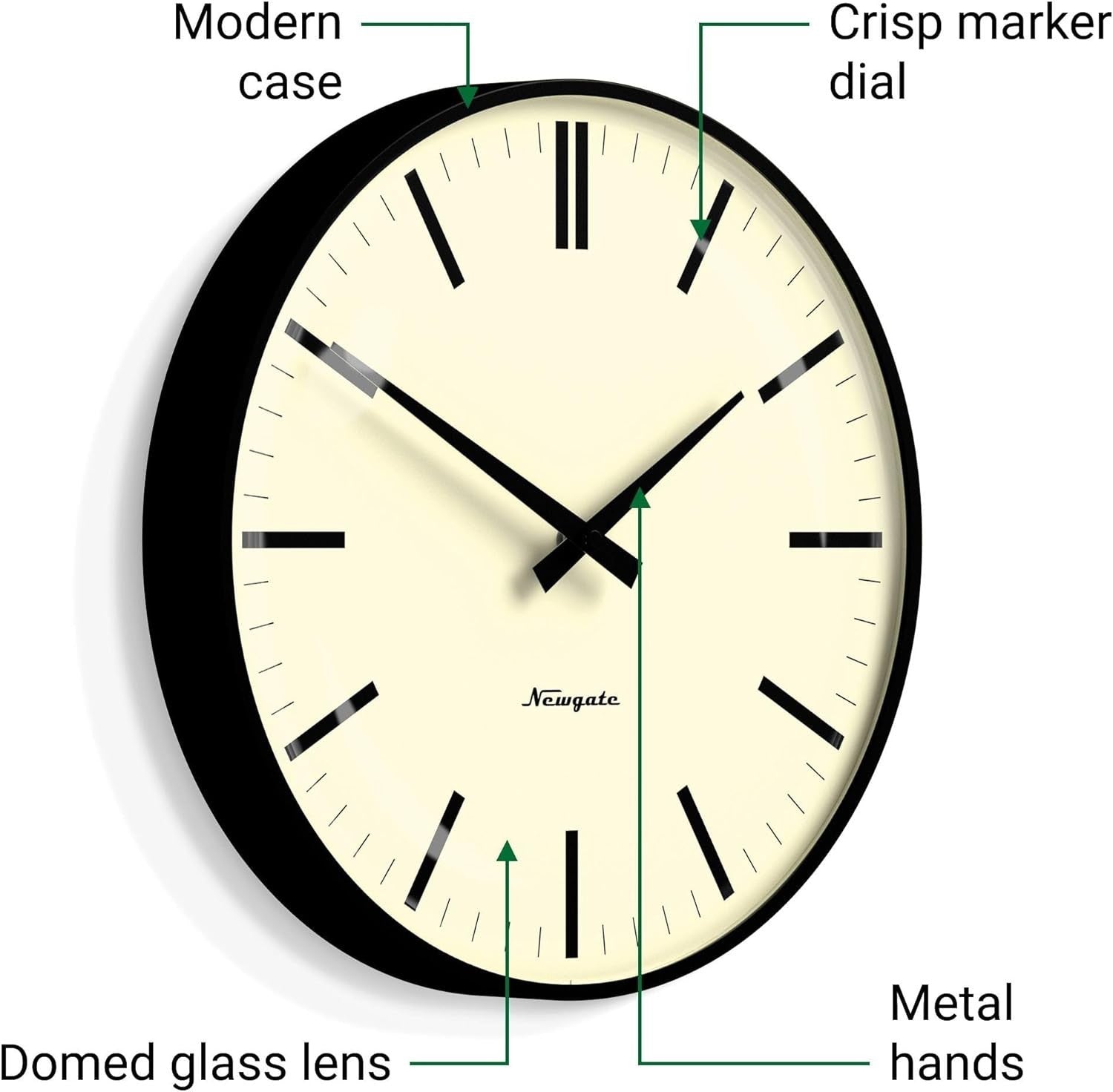 Retro Wall Clock Silent Non-Ticking 33cm Metal Frame Domed Glass Black