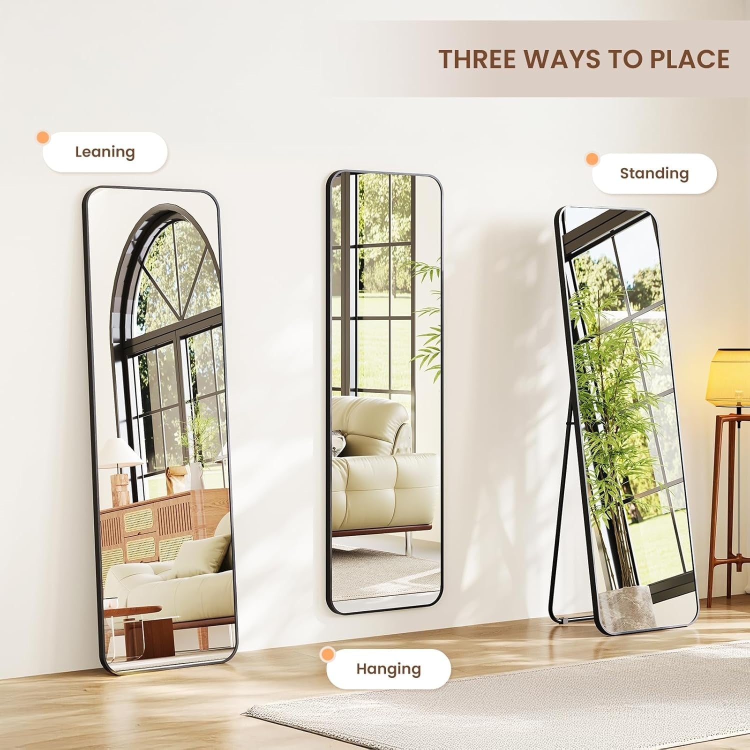 Large Full-Length Rectangular Floor Mirror 160x50cm, Rounded Corners, Freestandi