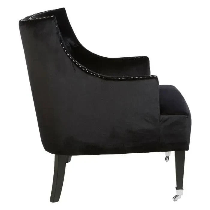 Black Velvet Accent Chair Tufted Back with Stud Detail & Wooden Legs