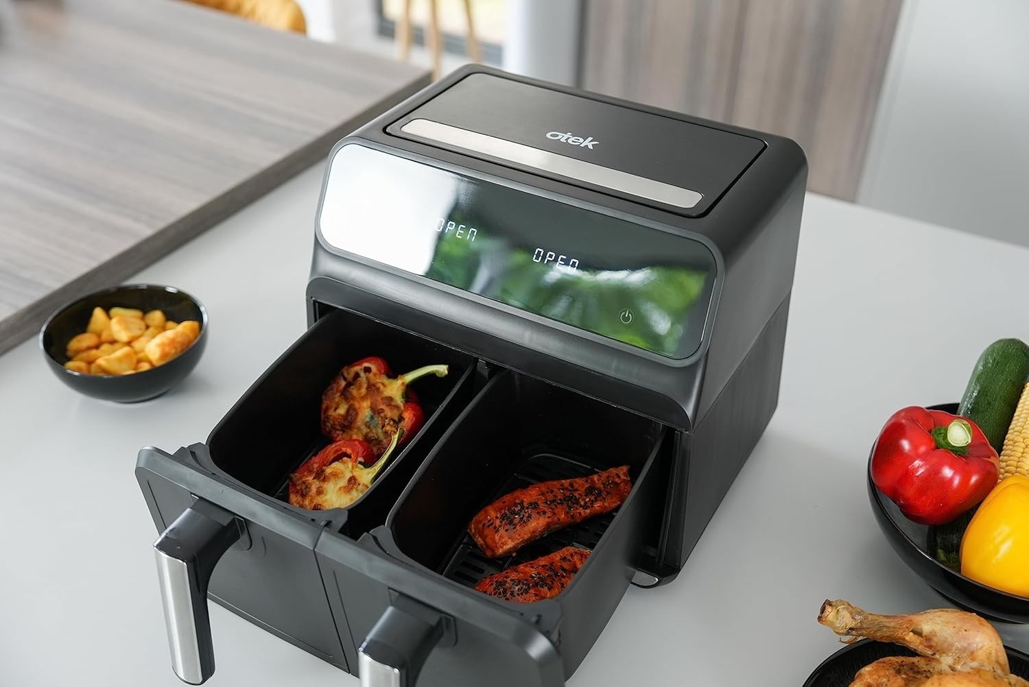 Dual Zone Air Fryer 8L 2 Drawer Touchscreen Oil Free Timer 1700W