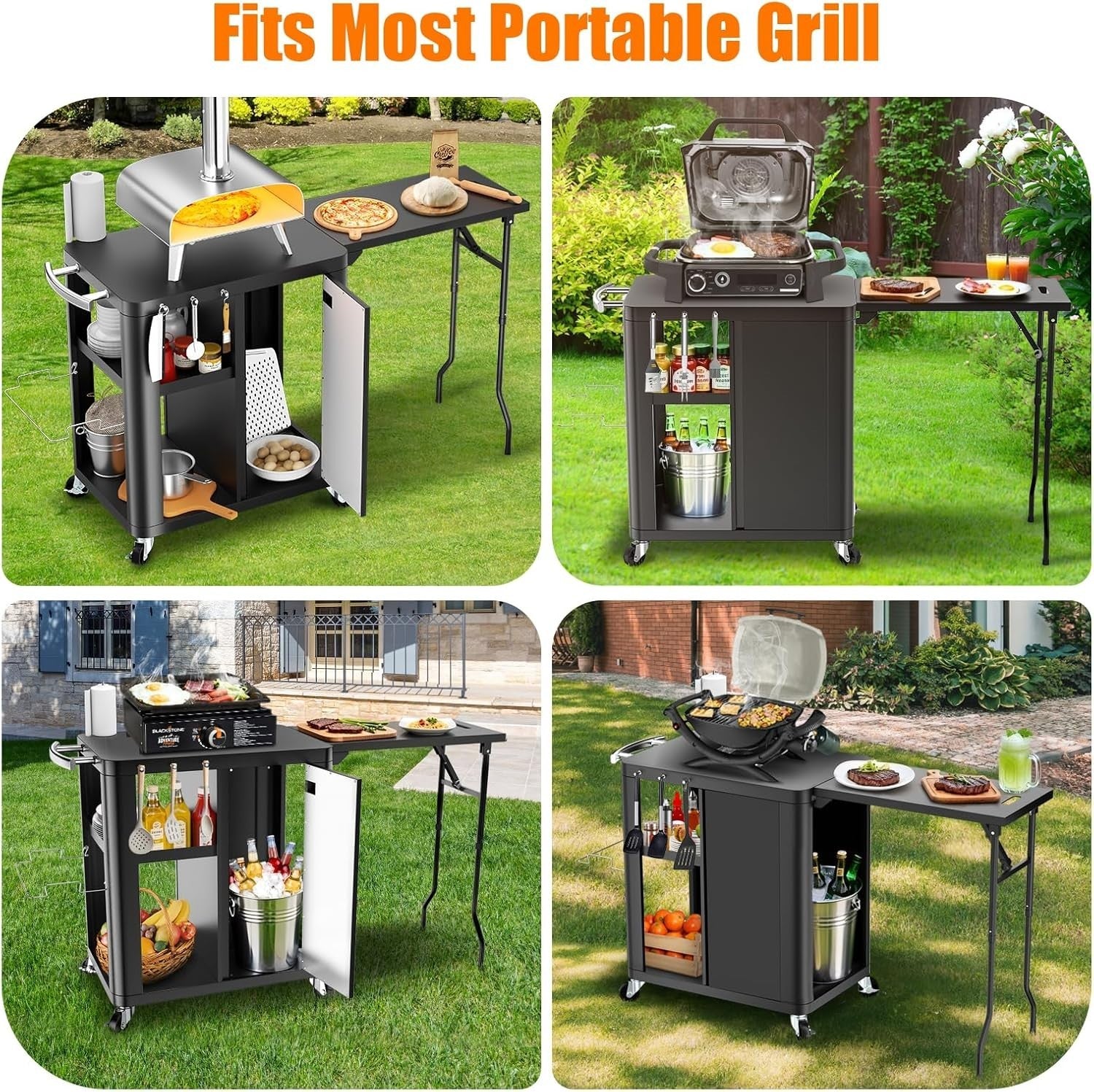 Outdoor BBQ Grill Cart Table with Foldable Side Table Storage Hooks Wheels Black