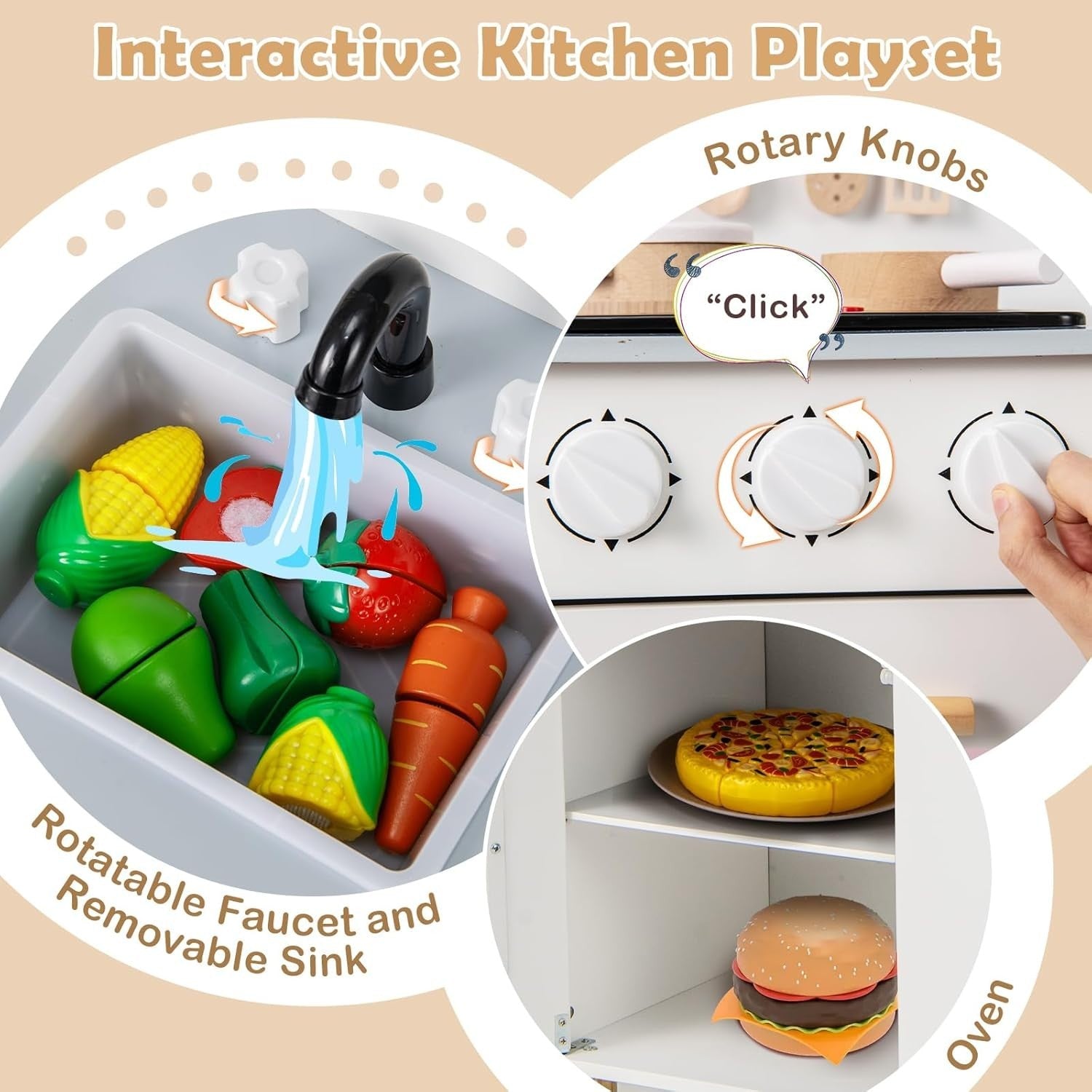 Wooden Kids Play Kitchen White w/ Lights Sounds Oven Accessories