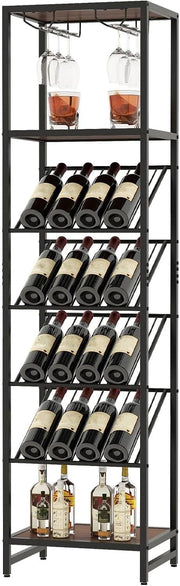7-Tier Freestanding Wine Rack with Glass Holder, 16 Bottle Storage Shelf Unit