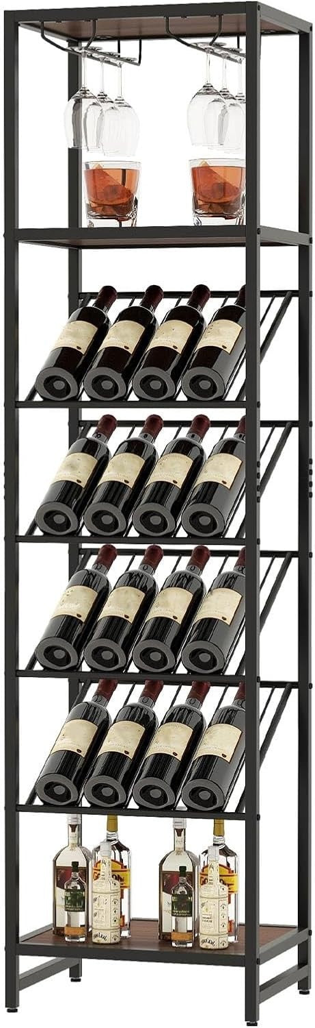 7-Tier Freestanding Wine Rack with Glass Holder, 16 Bottle Storage Shelf Unit