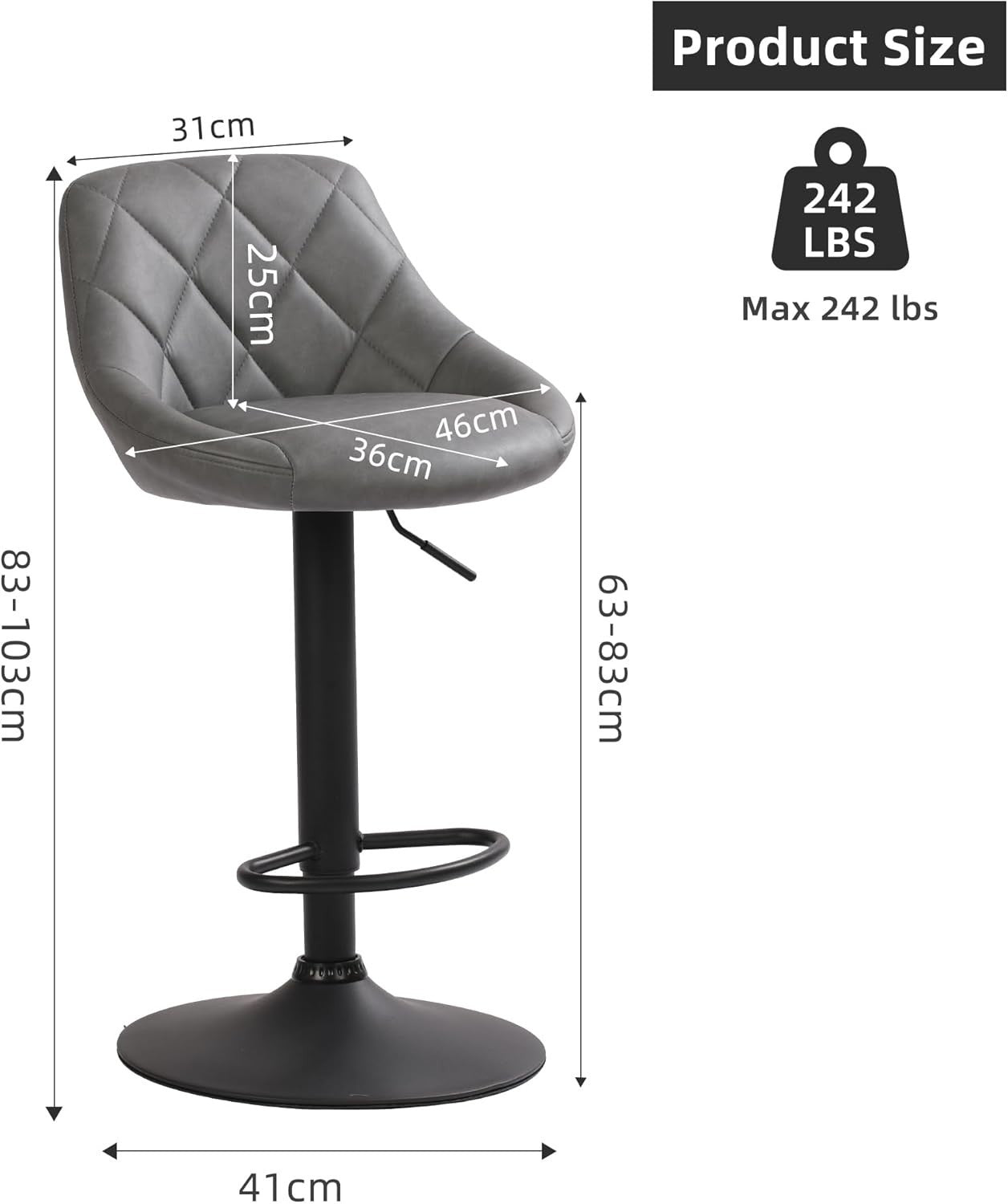 Adjustable Modern PU Leather Bar Stools with Footrest – Grey