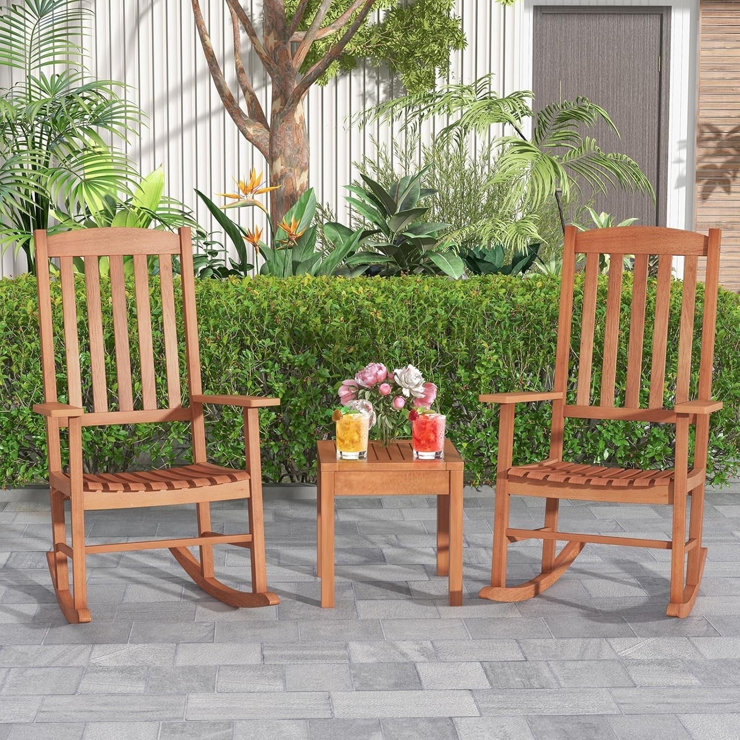 Wooden Garden Rocking Chair Outdoor Patio Seat High Back Armchair 68W