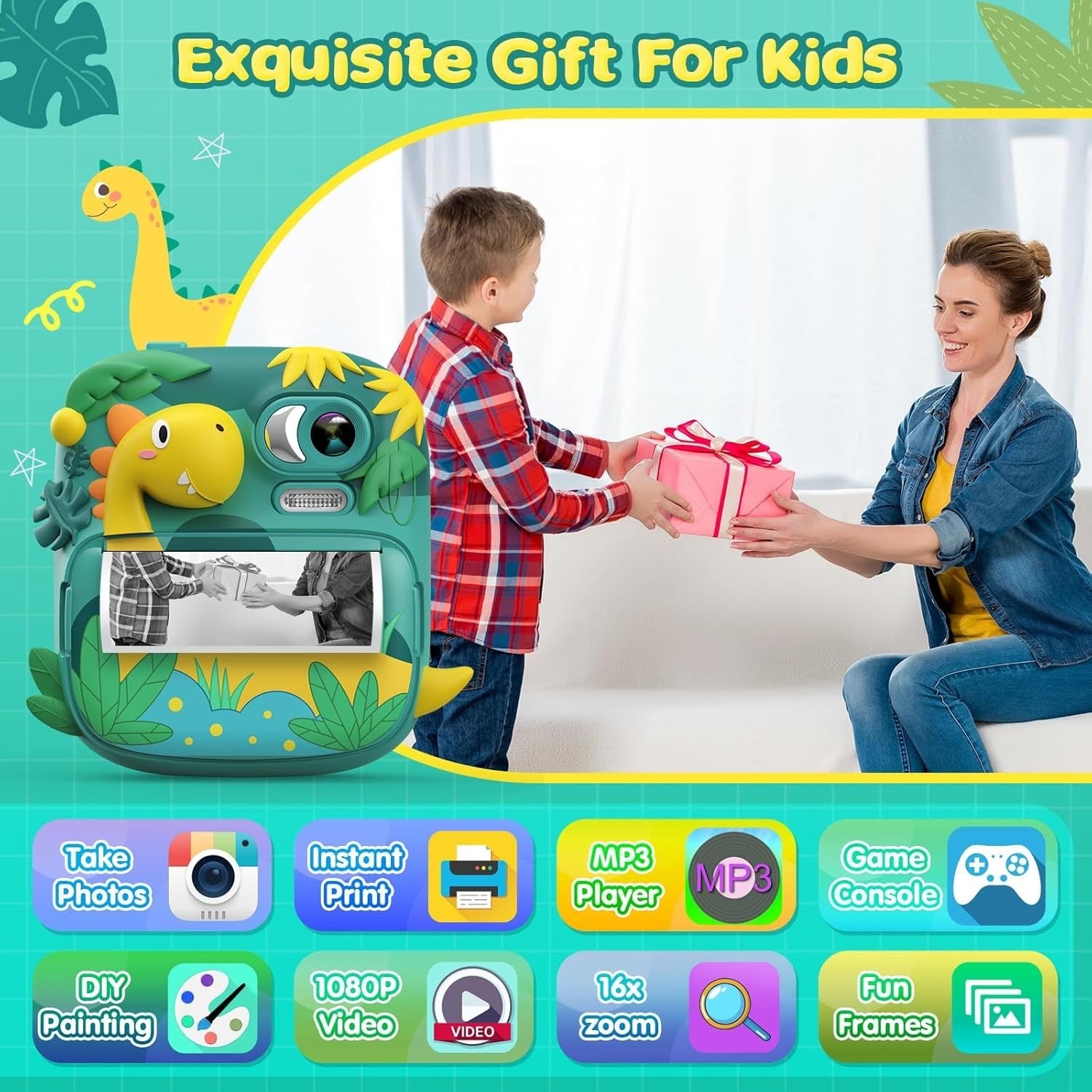 Kids Instant Print Camera 12MP 1080P HD 32GB Card Dinosaur Toy Gift