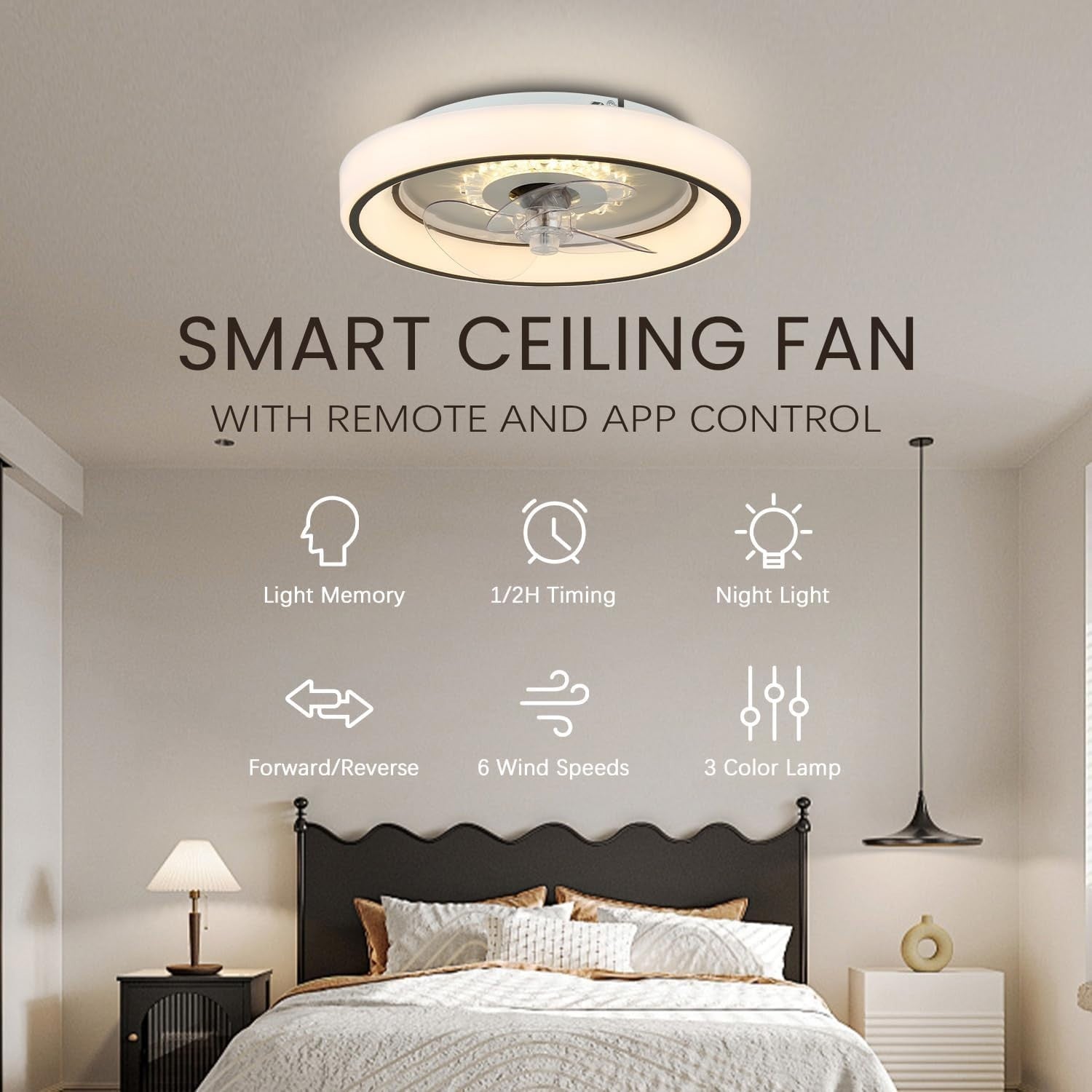 Jenvkoil 11"" Modern Ceiling Fan with LED Light, Remote & App, 6-Speed