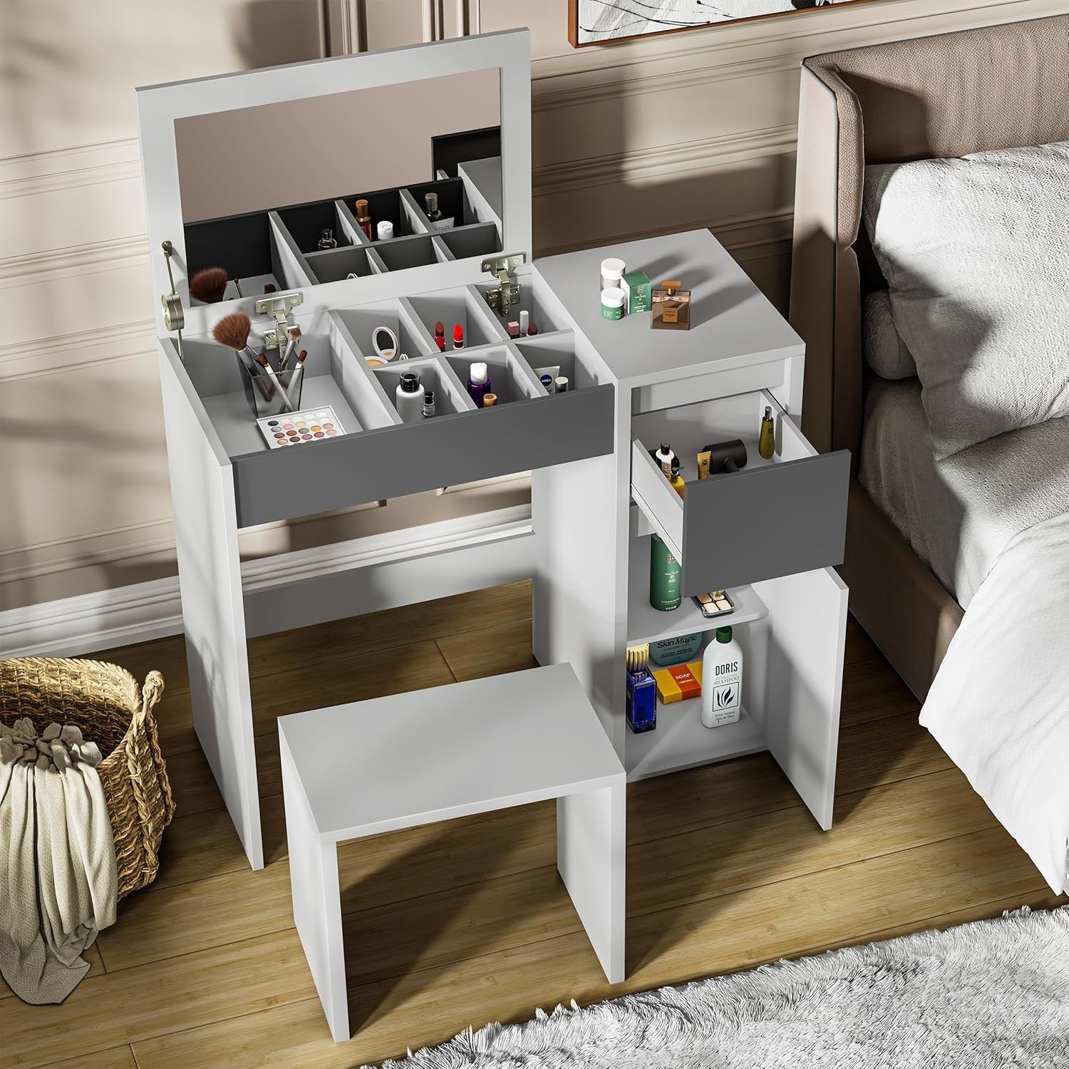 Vanity Dressing Table Set w/Flip-Up Mirror Desk Stool Drawer Hidden Storage Grey
