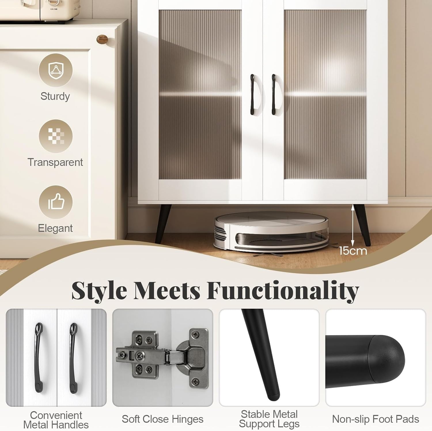 5-Tier Kitchen Cupboard with 4 Doors Adjustable Shelf Storage White