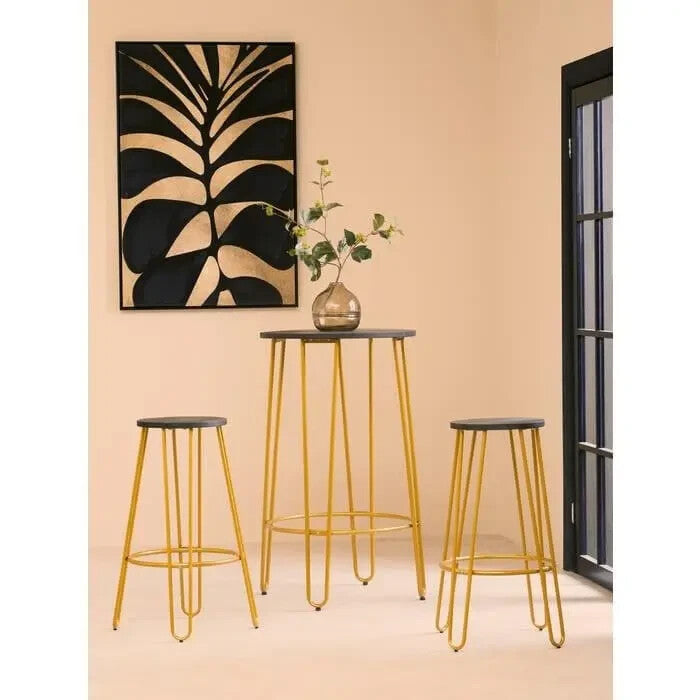 3Pc Gold Bar Table & Stool Set – Hairpin Legs, Elm Top, Modern Design