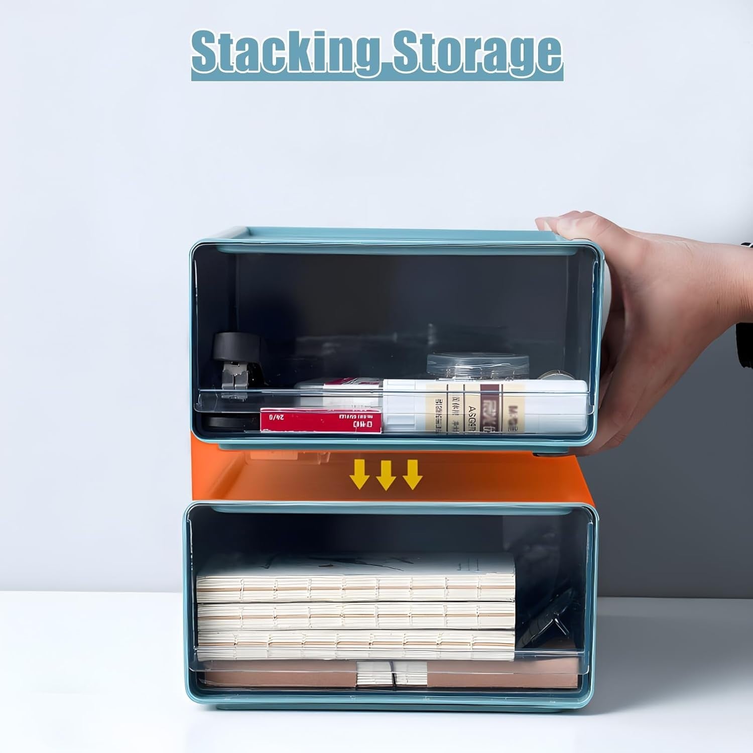 A4 Desk Drawer Organiser 2-Pack – Stackable Office Storage Box Blue