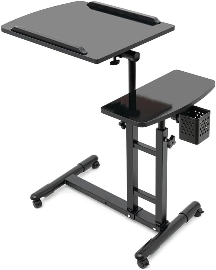 Adjustable Overbed Laptop Table C Shape Tilt Desk Rolling Wheels Black
