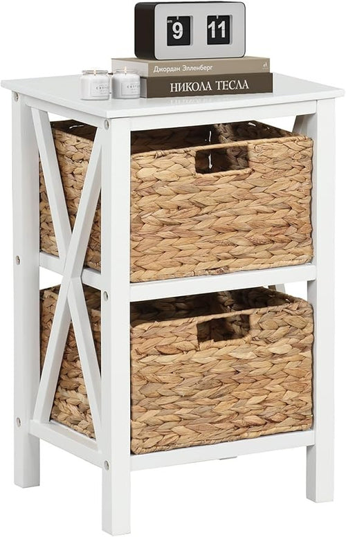 White Wooden Bedside Table with 2 Seagrass Baskets | Slim Rustic Nightstand