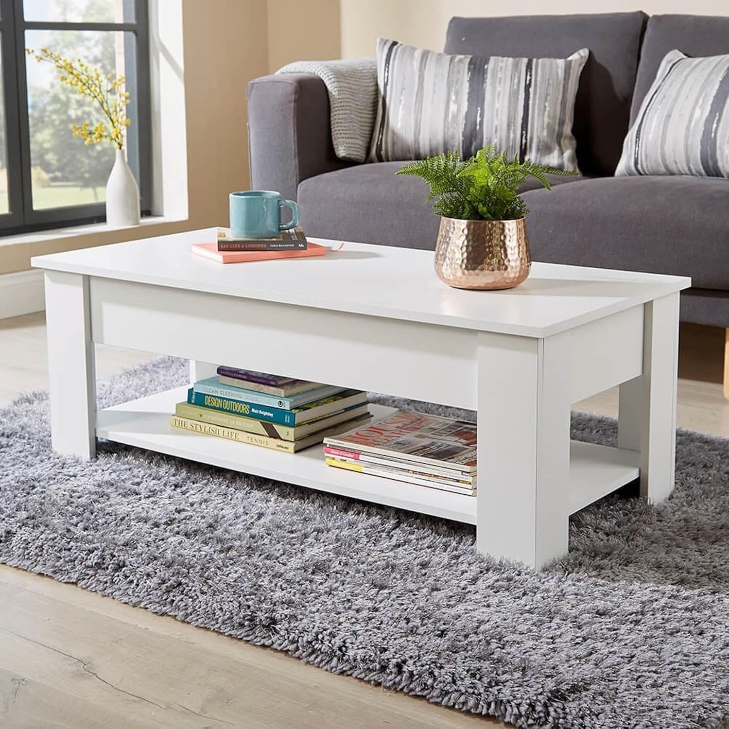 Lift Top Coffee Table White 100x50cm with Hidden Storage & Shelf Modern