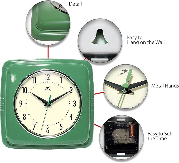 Retro 9in Square Wall Clock Green Silent Sweep Mid-Century Kitchen Diner Decor