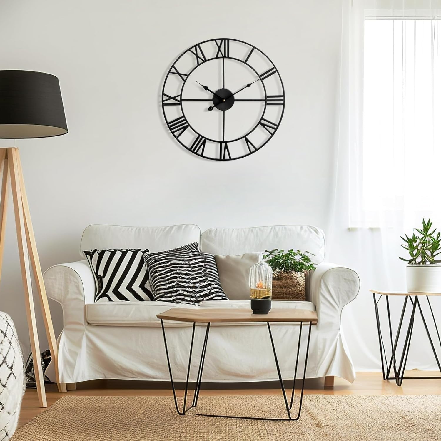 80cm Large Silent Metal Wall Clock Roman Numerals Art Deco Vintage Black