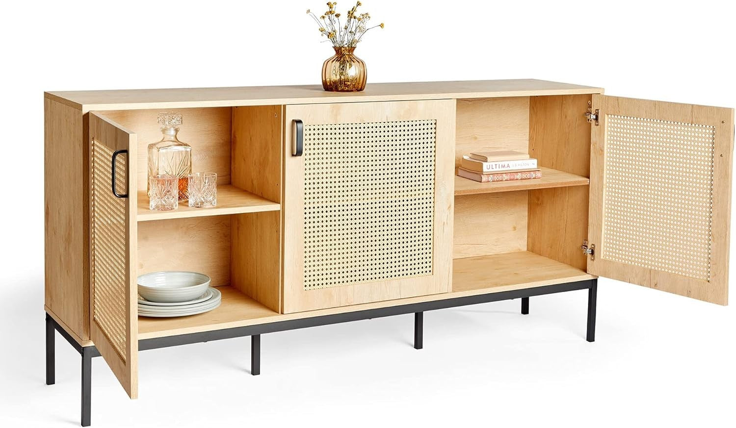 Scandi Rattan Sideboard Cabinet 3 Door Storage Unit Light Wood