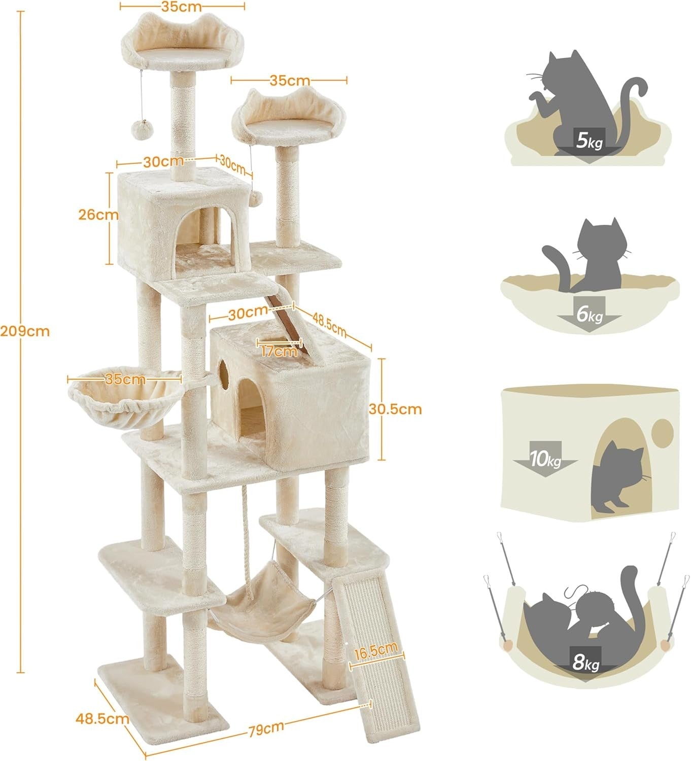 Extra Tall Cat Tree Tower 209cm Level Condos Hammock Ladder Play