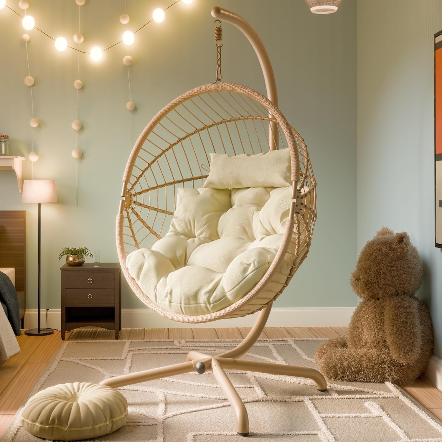 Rattan Hanging Egg Chair with Cushion & Stand Indoor Outdoor Patio Beige