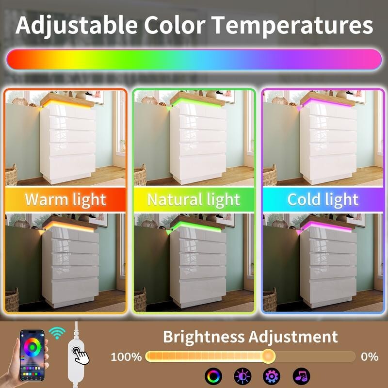 Tall High Gloss 6 Drawer Sideboard Cabinet with LED Light Storage White