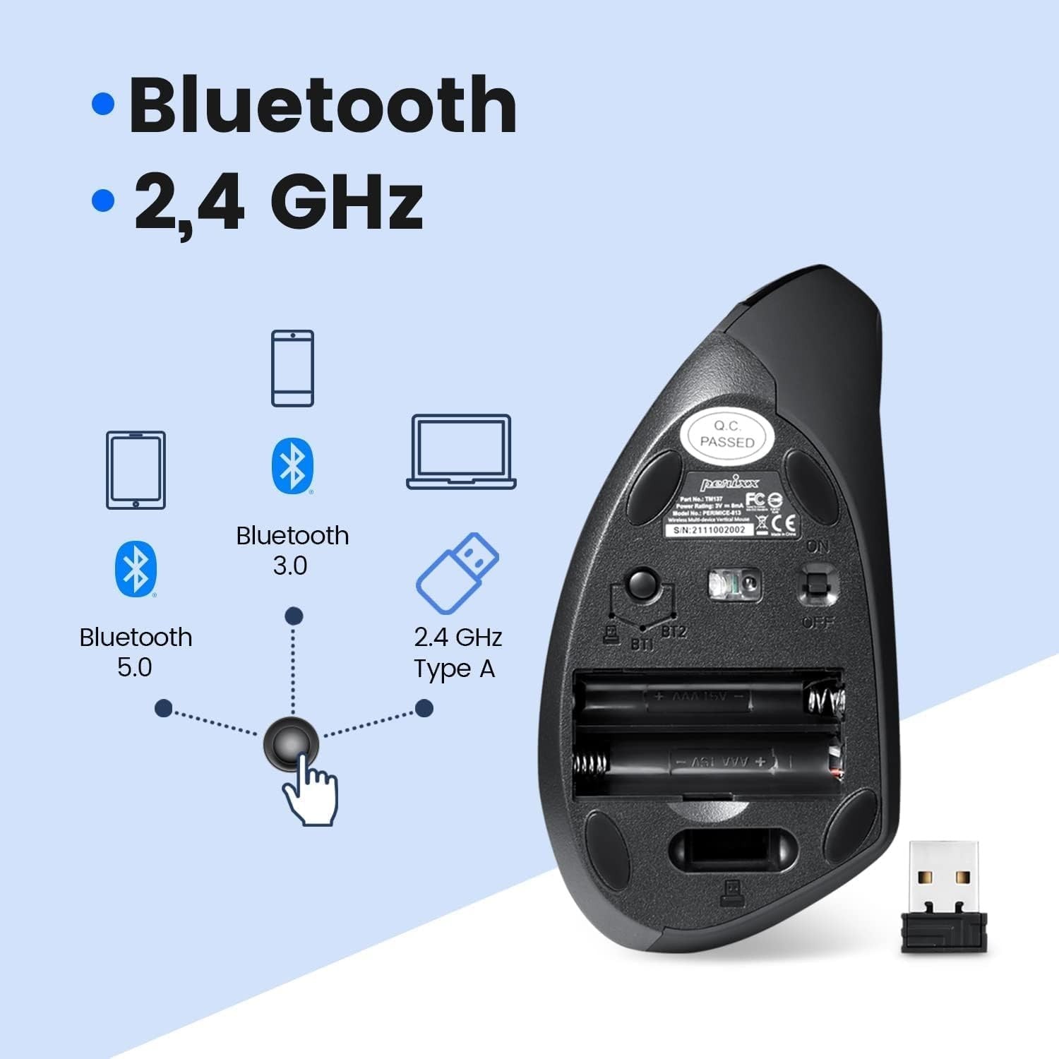 Bluetooth Vertical Ergonomic Mouse 3 Device Wireless 46.6° Grip