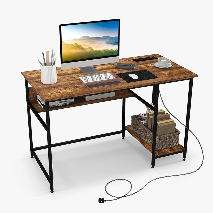 Brown Computer Desk 120x60cm Wooden Study Table with Power Outlet & Shelf