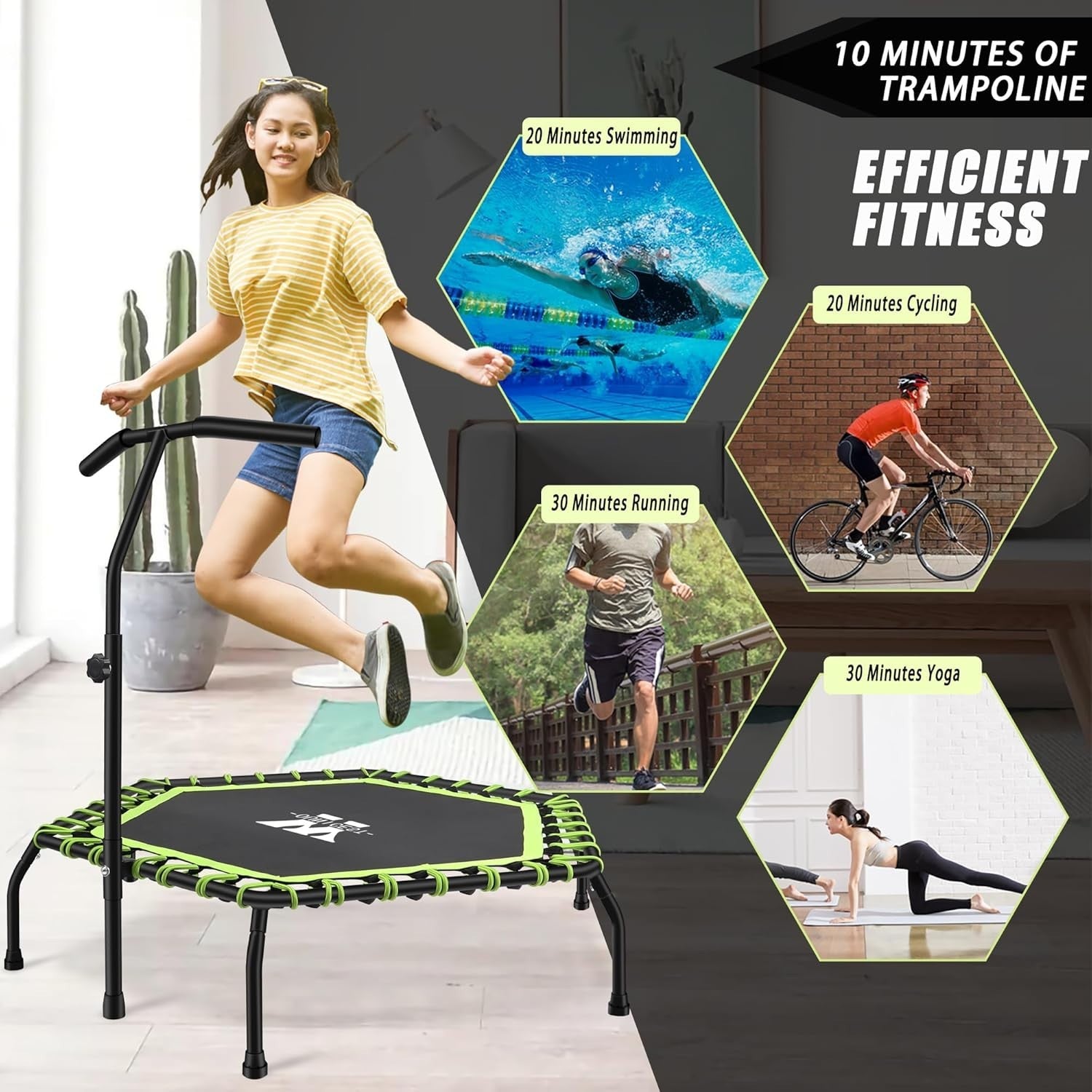 48'' Bungee Rebounder Mini Trampoline Adjustable Handle Silent 150KG