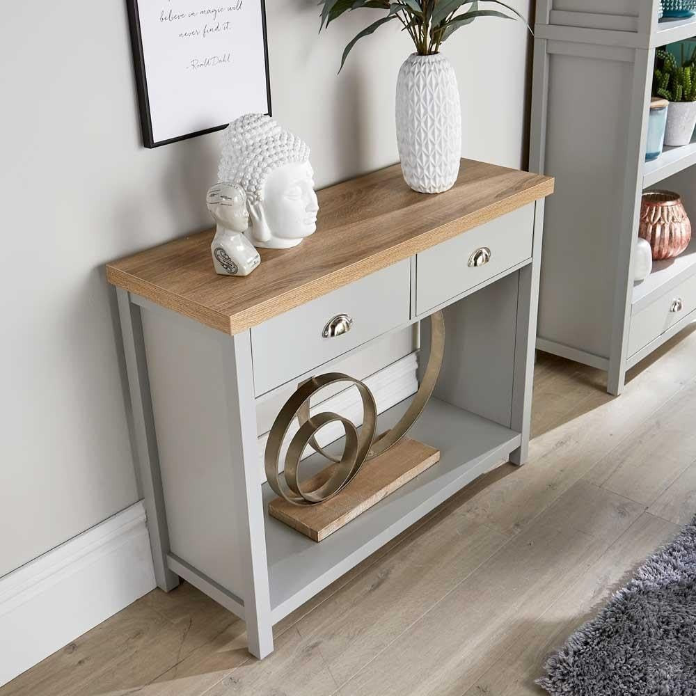 Grey Console Table with 2 Drawers & Shelf – Hallway Sideboard 72cm Oak Top