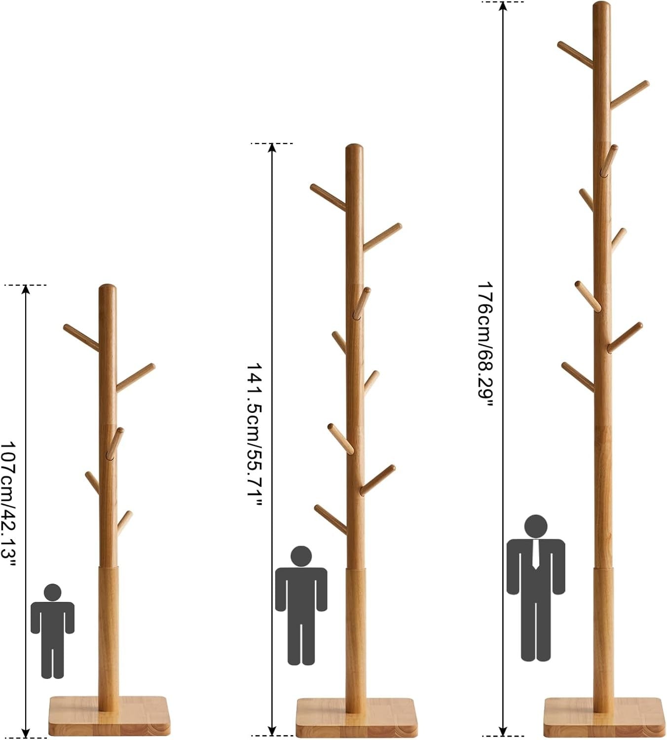 Natural Wooden Coat Rack Stand 8 Hooks 176cm Tall Hat Tree Organizer Modern