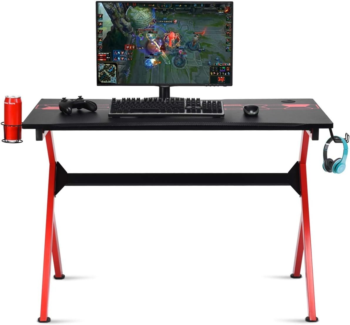 R-Shaped Gaming Desk with Cup Holder & Hook 115cm Carbon Fibre PC Table