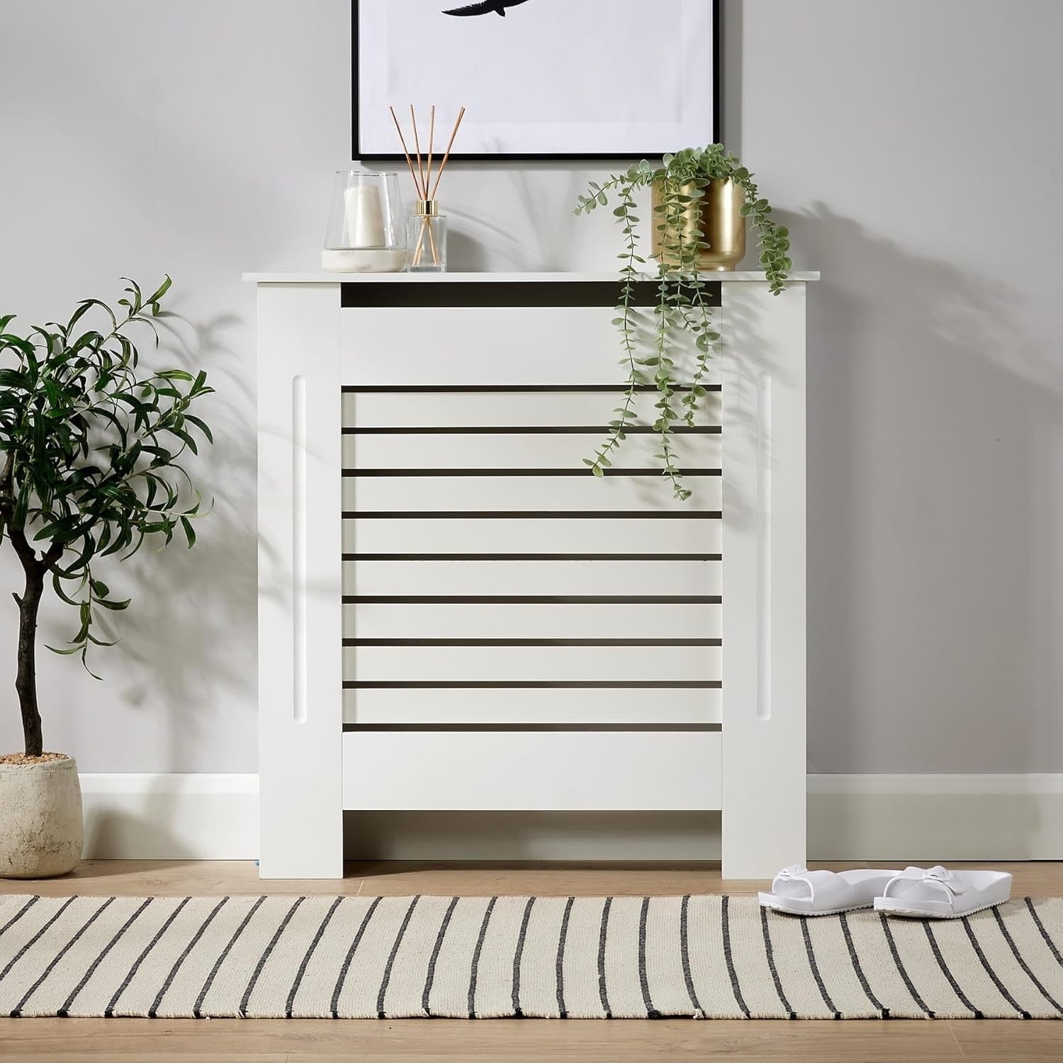 White Radiator Cover Wooden Slatted Grill Cabinet Shelf 78x19x82cm Modern