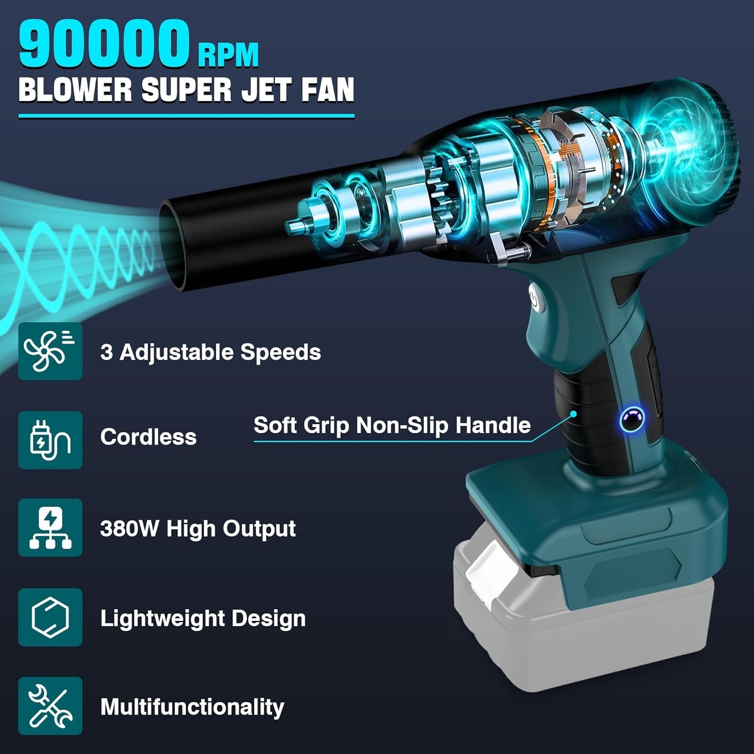 Cordless Mini Jet Blower 500W High Speed Air Duster 3 Speeds 2 Nozzles