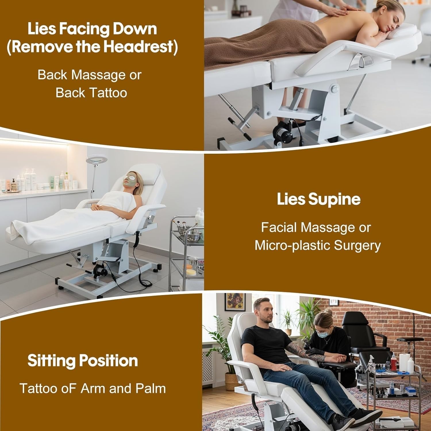 Electric Massage Table Adjustable 3-Section Beauty Spa Tattoo Bed Headrest White