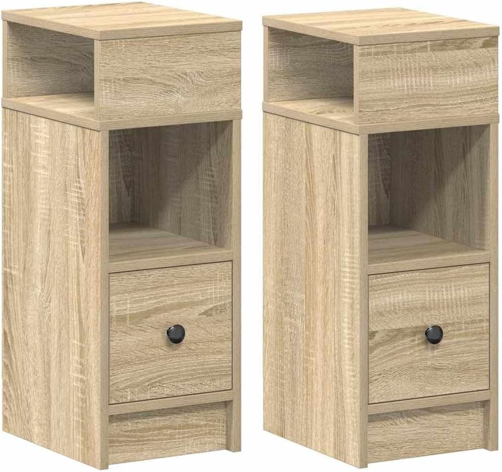 Set of 2 Oak Bedside Tables with Drawer & Shelves | Modern Wood Nightstands