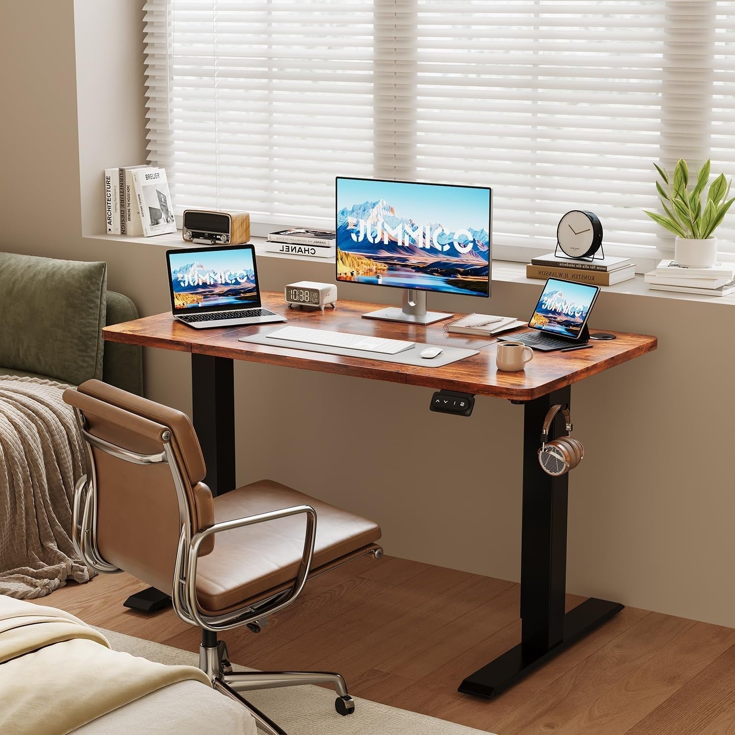Electric Standing Desk 120x60cm Adjustable Brown Sit Stand Table with Memory