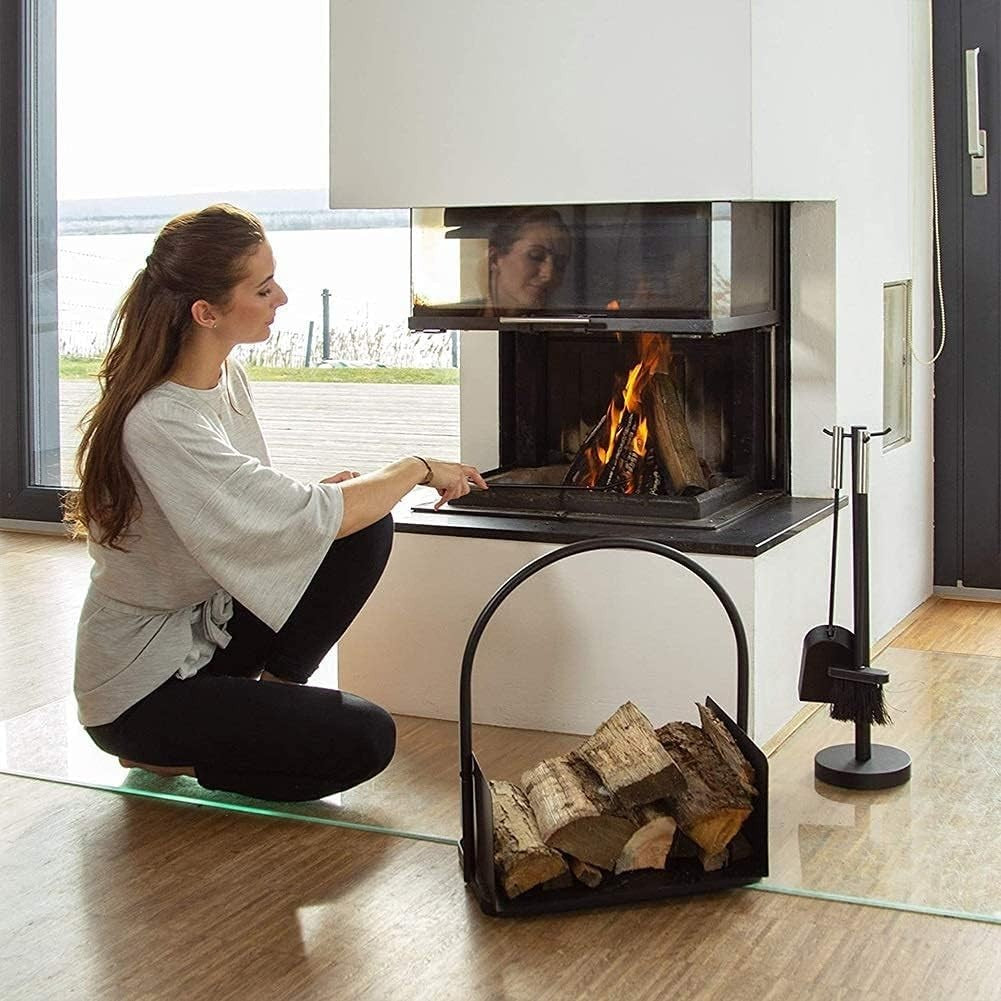 Heavy Duty Metal Firewood Log Cradle with Handle, Sturdy & Space-Saving