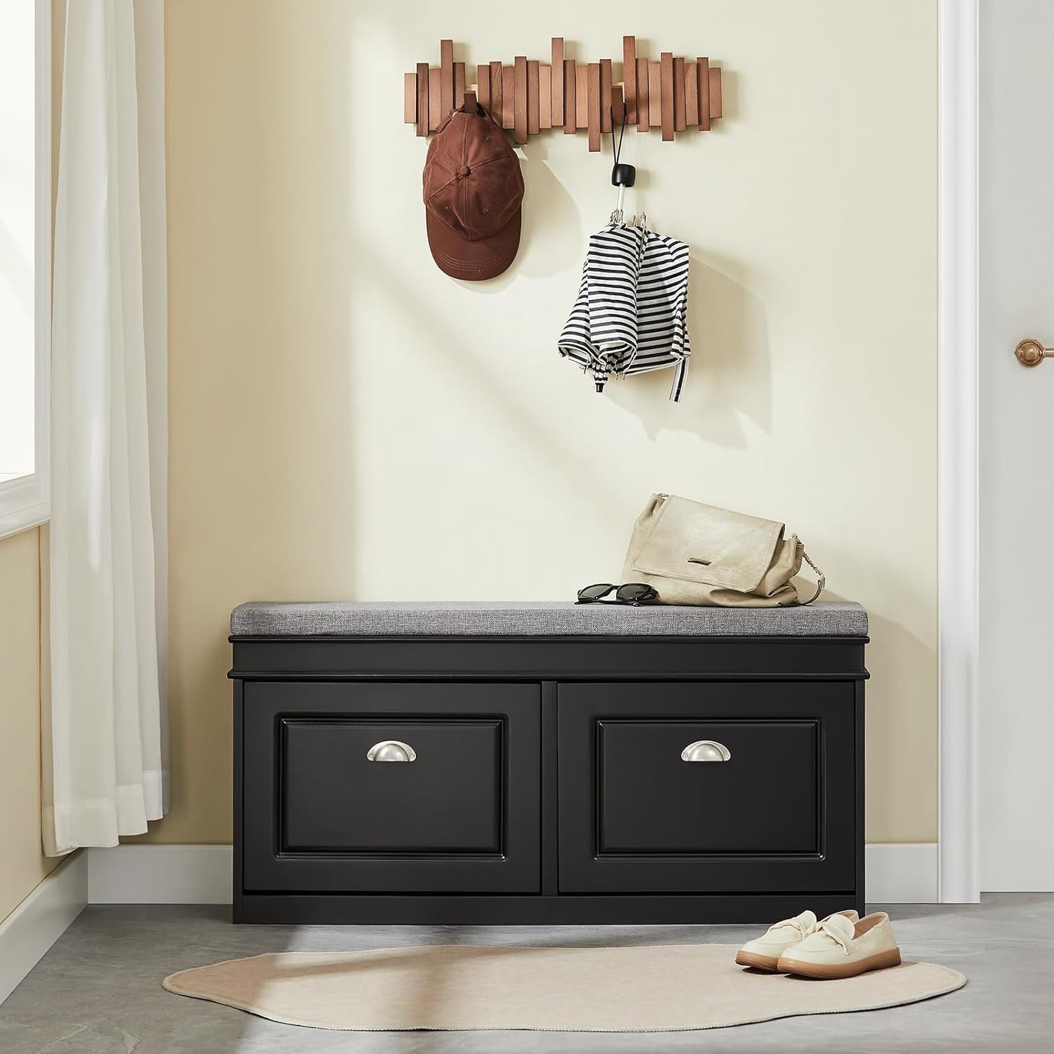 Black Shoe Storage Bench with Cushion Seat & Flip-Drawers – Slim Hallway Cabinet