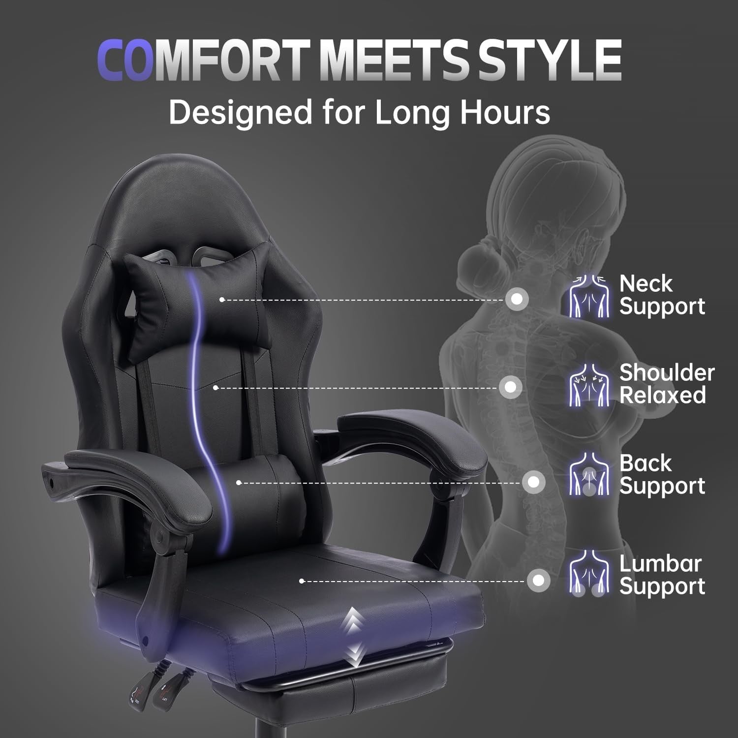 Gaming Chair Recliner with Footrest 360° Swivel Lumbar Support